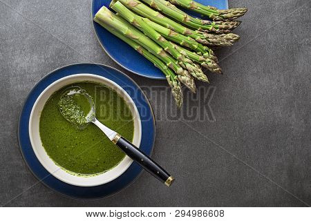 Asparagus Soup Meal. Healthy Green Soup Of Green Asparagus, Top View- Image