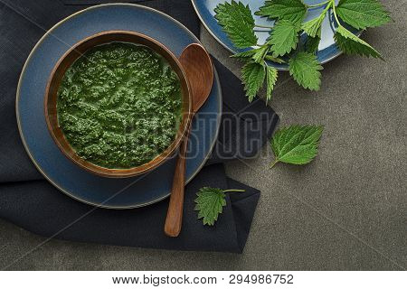 Stinging Cream Nettle Soup Meal. Healthy Food Meal Concept