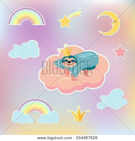 Set With Sloth Bear Sleeping In Pink Cloud, Crown, Clouds, Moon, Star And Rainbow. Flat And Line Sty