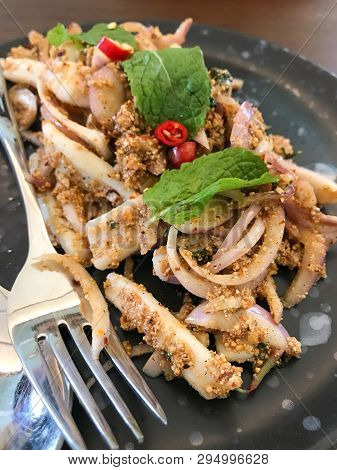 Sour And Spicy Squid Laab With Salad Plate, Delicious  Gourmet