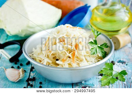 Homemade Sauerkraut With Carrot And Spices, Sweet And Sour White Cabbage