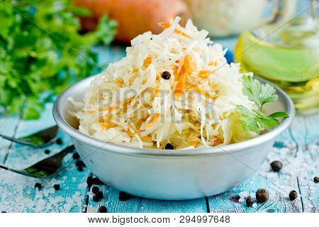 Homemade Sauerkraut With Carrot And Spices, Sweet And Sour White Cabbage