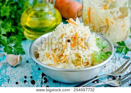 Homemade Sauerkraut With Carrot And Spices, Sweet And Sour White Cabbage