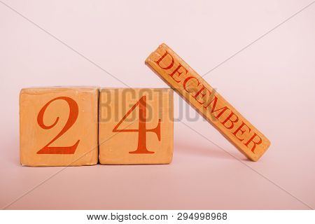 December 24th. Day 24 Of Month, Handmade Wood Calendar  On Modern Color Background. Winter Month, Da