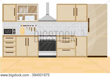 Kitchen Interior With Furniture And Stove, Cupboard, Fridge And Utensils. Flat Cartoon Style Stock V