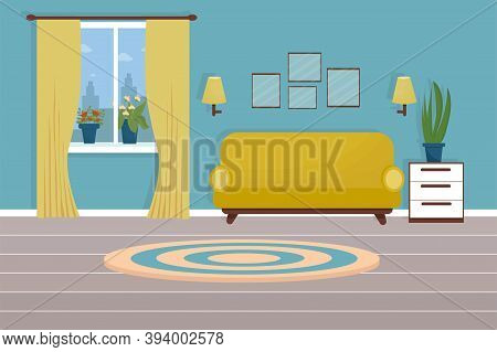Modern Interior In Bright Colours With Lamp, Cozy Sofa, Window Stock Vector Illustration. Elegant Ro