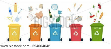 Set Of Trash Cans, Containers With Different Types Of Garbage, Recycling Symbols Isolated On White B