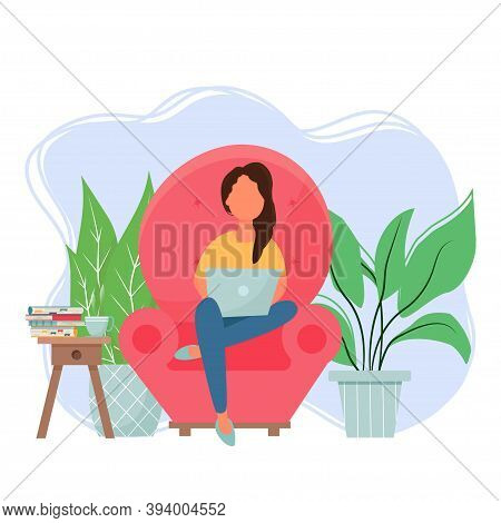 Woman Sitting In Armchair And Using Laptop Stock Vector Illustration. Freelance, Online Application 