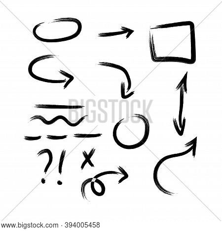 Set, Collection Of Signs, Arrows, Circles Isolated Objects On White Background. Graphic Elements In 