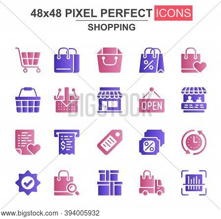 Shopping Glyph Icon Set. Supermarket Basket, Trolley, Open Sign, Store, Discount Label, Bill, Bags, 