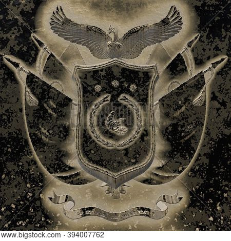 Family Coat Of Arms Of A Medieval Knight, Made Of Gold, Medieval Heraldic Gold Coat Of Arms. 3d-rend