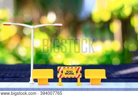 Yellow Toy Sign - Road Works, Shop And Lantern.