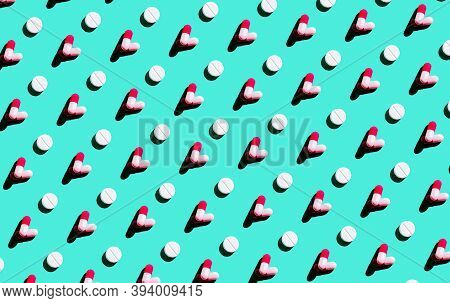 Colored Pills, Medical Pills And Capsules In A Seamless Pattern. View From Above.