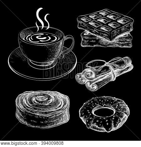 Coffee Cup With Pastries Chalk Sketch On Black Chalkboard. Bakery Goods, Sweet Desserts On Blackboar