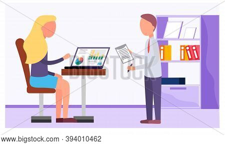 Businessman And Woman Analyzing Financial Statistics. The Marketers Study Information About The Metr