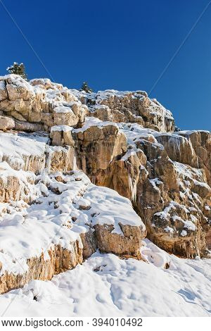 Beautiful Rock Mountains Covered With Snow In Winter In Uzbekistan In The Area Of Beldersay Resort