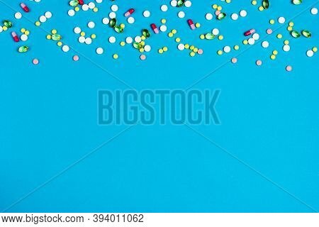 Pharmaceutical Blank For The Text Of Multi-colored Pills, Capsules And Medical Tablets. View From Ab