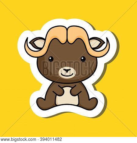 Cute Cartoon Sticker Little Musk Ox Logo Template. Mascot Animal Character Design Of Album, Scrapboo
