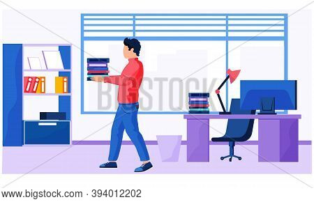 Young Man With A Stack Of Books Is Walking In A Room With Computer Table And Bookcase. Flat Vector I