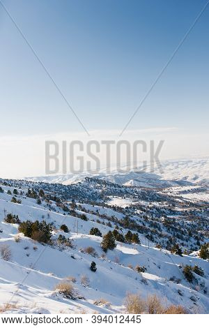 Panorama Of The Tien Shan Mountains, Which Opens From The Top Of A Mountain Pass In The Resort Of Be