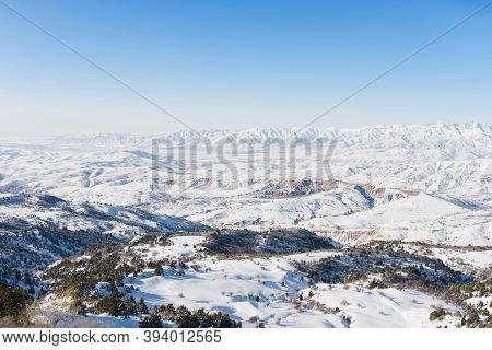 Beautiful Winter Panorama Of The Tien Shan Mountains In Uzbekistan In The Beldersay Ski Resort On A 