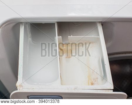Dirty Powder Tray In The Washing Machine From Fungus And Moisture. Washing Machine Care And Cleanlin