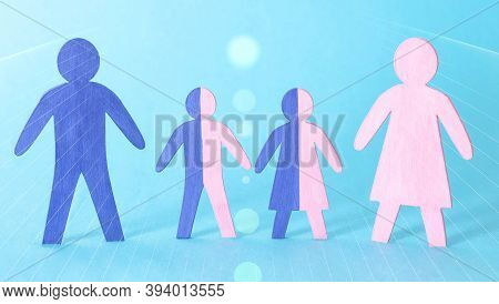 Wooden Figures Of People On A Blue Background. The Concept Of Consanguinity In The Family And Close 