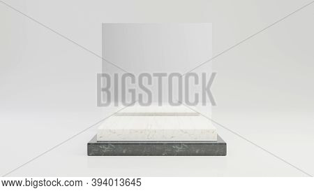 Square Black And White Marble Pedestal Steps With Silver Frame Isolated On White Background. 3d Rend