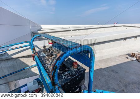 Warehouse construction. Operating panel of a mobile elavating work platform