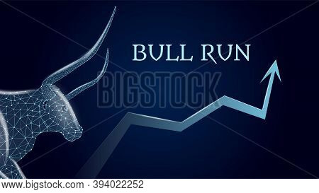 Bull Run With A Polygonal Bull Head And An Upward Arrow On Dark Blue Background. Bullish Trend On Th