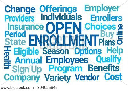 Open Enrollment Blue Word Cloud on White Background