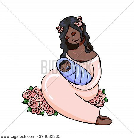 A Delicate Vector Illustration Of Attractive Young Afro-american Woman Holds Her Black Newborn Sleep