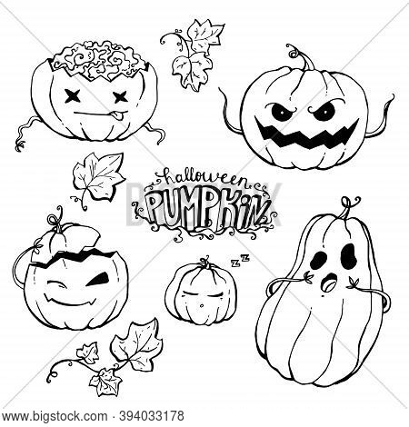 Set Of Lineart Vector Pumpkins For Halloween On A White Background.