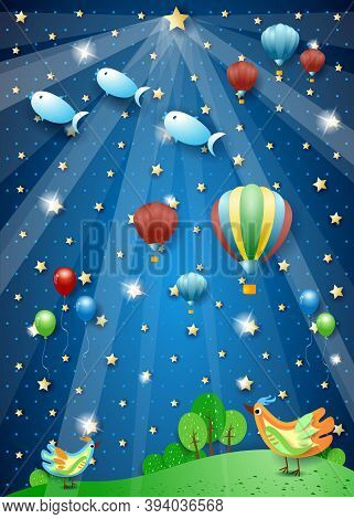 Surreal Nigth With Spotlight, Balloons, Birds And Flying Fishes. Vector Illustration Eps10