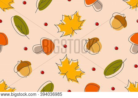 Autumn Seamless Pattern With Acorns, Mushrooms, Berries And Leaves In Beige, Green Red And Brown.