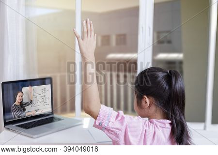 Asian Little Girl Student Learning Via Internet Online Class From School Teacher Duling Covid-19 Out