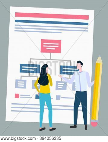 Man And Woman, Office Workers, Infographic Or Graph Vector. Working Scheme, Presentation Or Document