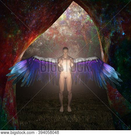 Winged angelic being keeps divine light. 3D rendering