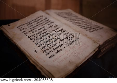 Old Christian Book Gospel Written On Old Slavjanic Russian Cyrillic Yelets, Russia, October 24, 2020