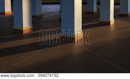 Evening Soft Sunlight And Shadow On Base Of Square Pillars Surface On Wooden Parquet Floor In Vintag