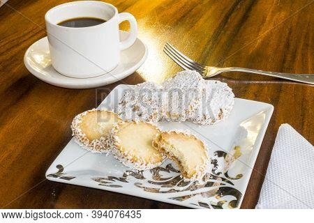 Tasty Alfajores: Traditional Peruvian Cookies Filled With Caramel And White Sugar Powder On Top.