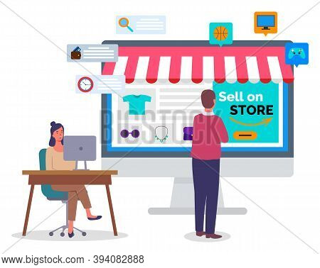 Online Shopping Concept On Computer Desk Vector Flat Illustration. People Buyer And Manager In Offic