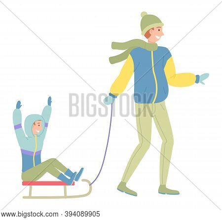 Father And Son On A Winter Walk. Man Sledding A Child. Family Members Walking Together In Cold Weath
