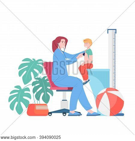Female Doctor, Medical Adviser, Pediatrician Checkup, Vector Cartoon Character Examining With Stetho