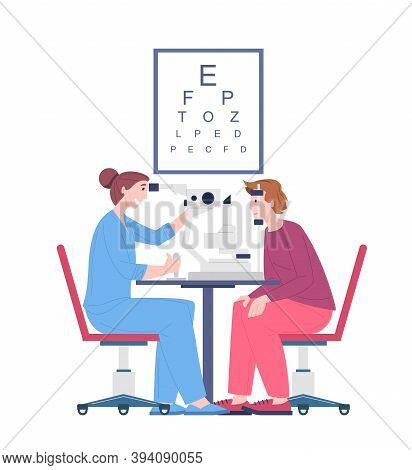 Ophthalmologist Doctor Examining Eyesight Vision Of Patient, Vector Cartoon Character Oculist Checku