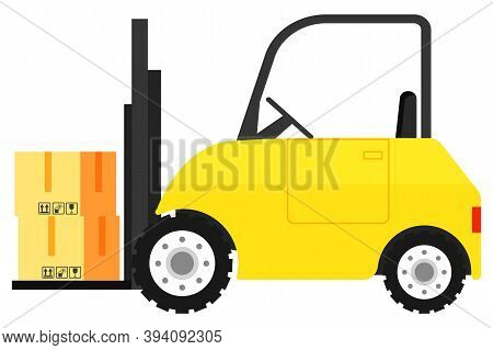 Delivery Machine With Cardboard Box, Truck With Case, Side View Of Transportation Vehicle In Yellow 