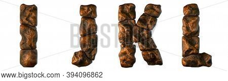 Set of rocky letters I, J, K, L. Font of stone on white background. 3d rendering