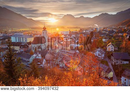Liezen, Austria. Cityscape Image Of Liezen, Austria At Beautiful Autumn Sunset.