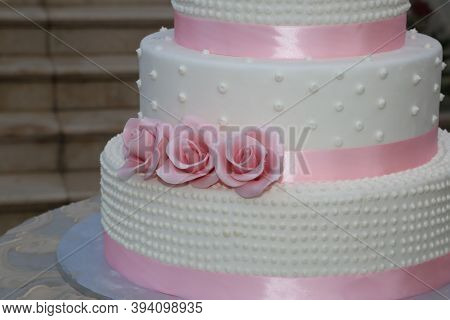 Wedding Cake, White Wedding Cake With Pink Decorations