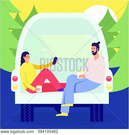 Cheerful Young Couple Enjoy Vacation Sitting In Rear Of Van, People In Camper Van, Picnic In The For